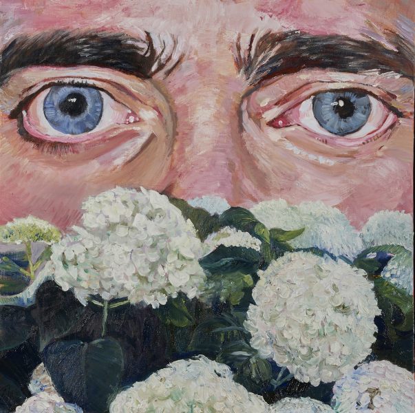 De blik achter de bloemen, 2021, 50cm x 50cm, acrylverf en olieverf op canvas