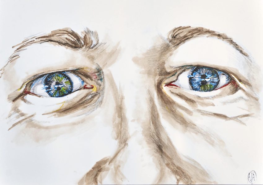 De blik van een oudere vrouw, 2021, 29.7cm x 21cm, Bister en stiften op papier