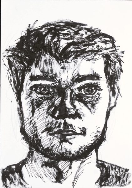 Zelfportret dat getekend is met mijn rechterhand, 2019, 29.7cm x 21cm, inkt op papier